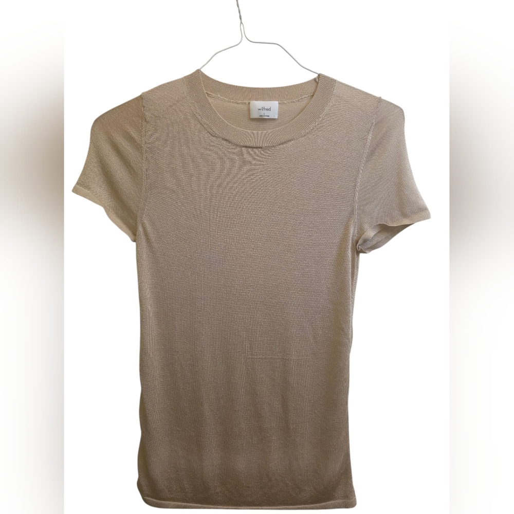 Wilfred By Aritzia Semi-Sheer Cream Metallic Shortsleeve Crewneck Sweater Size L